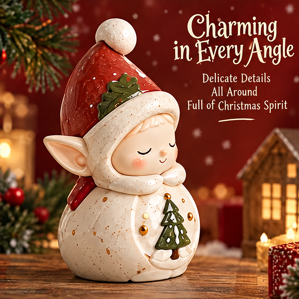 Angled view of the Christmas elf showing pointed ears, a green tree motif, gold-tone accents and a red hat.