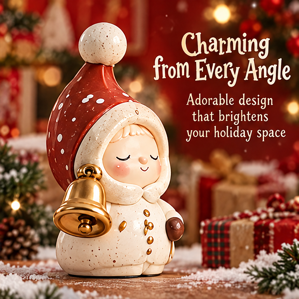 Angled view of the Christmas figurine showing its gold-tone bell, closed eyes, red dotted hat and cream outfit.