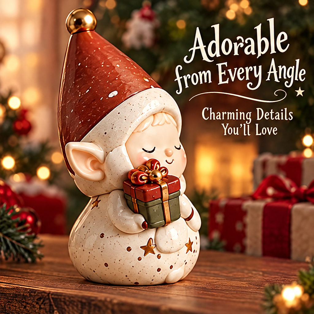 Angled view of the gift-holding Christmas elf showing pointed ears, closed eyes, red hat and gold-tone star details.
