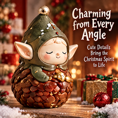 Angled view of the pinecone elf showing pointed ears, green hat, layered brown scale-shaped details and a gold-tone star.