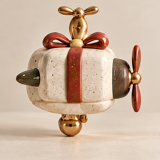 UBRINLY gift-inspired helicopter decoration with a speckled cream body, red ribbon and bow, green detail and gold-tone accents on a neutral background.