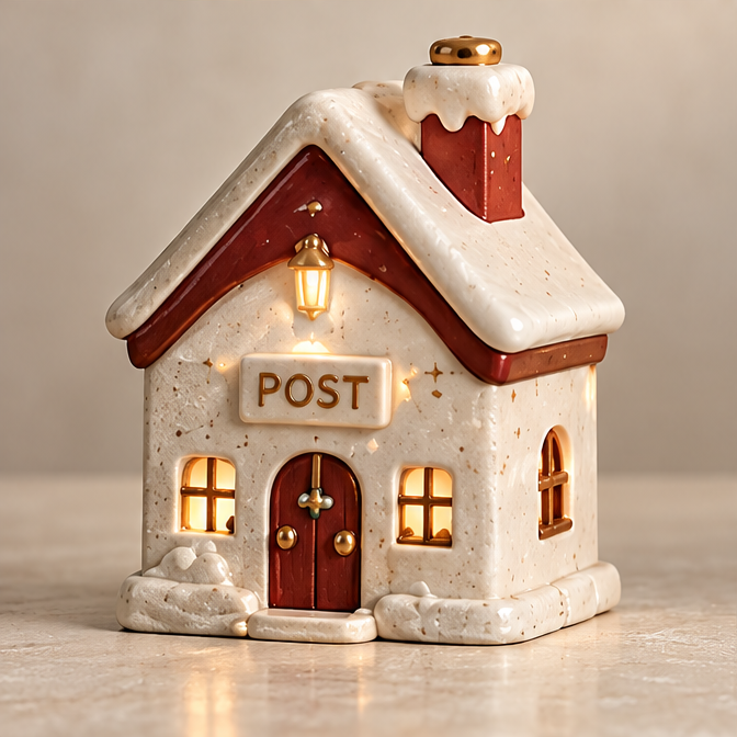 UBRINLY Christmas post office house with a POST sign, snowy roof, red door and glowing windows on a neutral background.