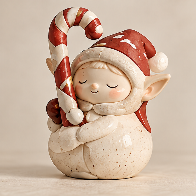 UBRINLY Christmas elf figurine hugging a red-and-cream candy cane, wearing a red hat and speckled cream outfit on a neutral background.