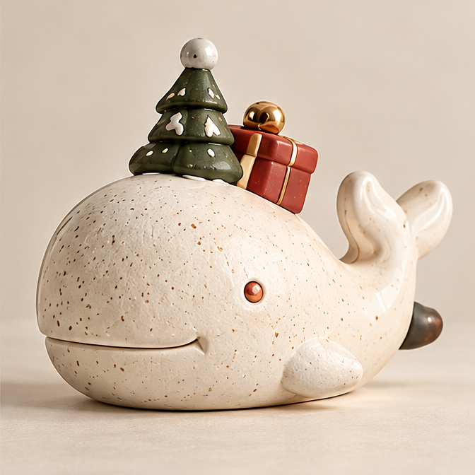 UBRINLY smiling whale Christmas decoration with a speckled cream body, green tree and red gift on a neutral background.