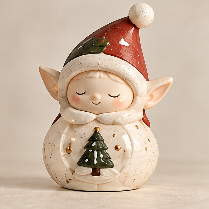 UBRINLY Christmas elf figurine holding a green tree, wearing a red pom-pom hat and speckled cream outfit on a neutral background.