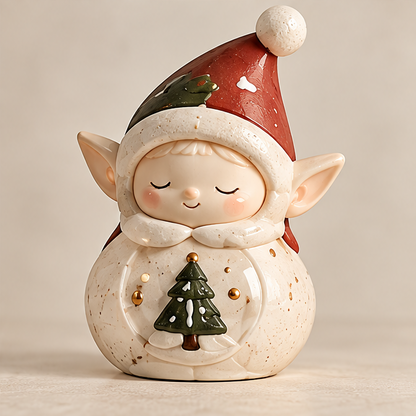 UBRINLY Christmas elf figurine holding a green tree, wearing a red pom-pom hat and speckled cream outfit on a neutral background.