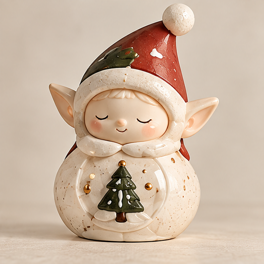 UBRINLY Christmas elf figurine holding a green tree, wearing a red pom-pom hat and speckled cream outfit on a neutral background.