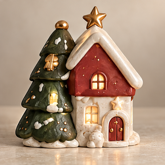 UBRINLY Christmas tree and house decoration with glowing windows, red gable, snowy roof and gold-tone star on a neutral background.