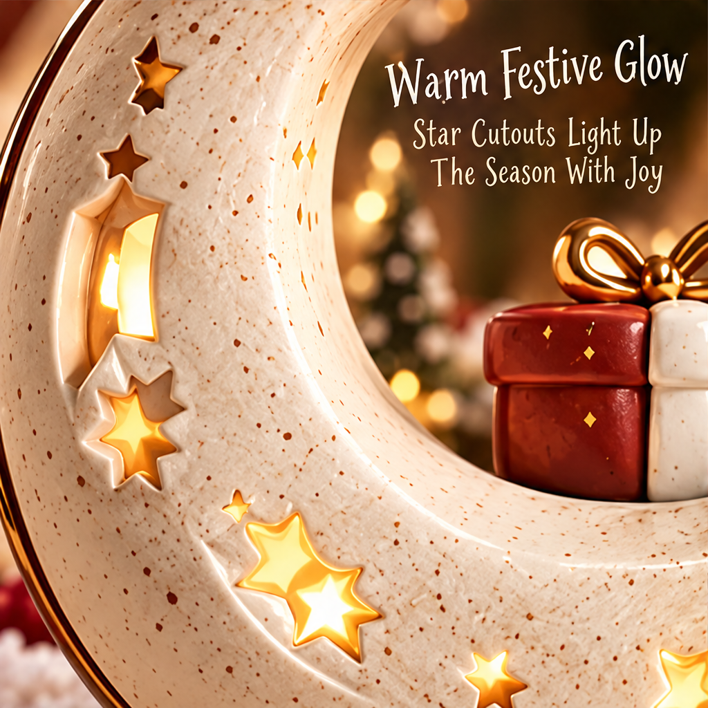 Close-up of warm light shining through star-shaped cutouts in the speckled cream-colored crescent moon.