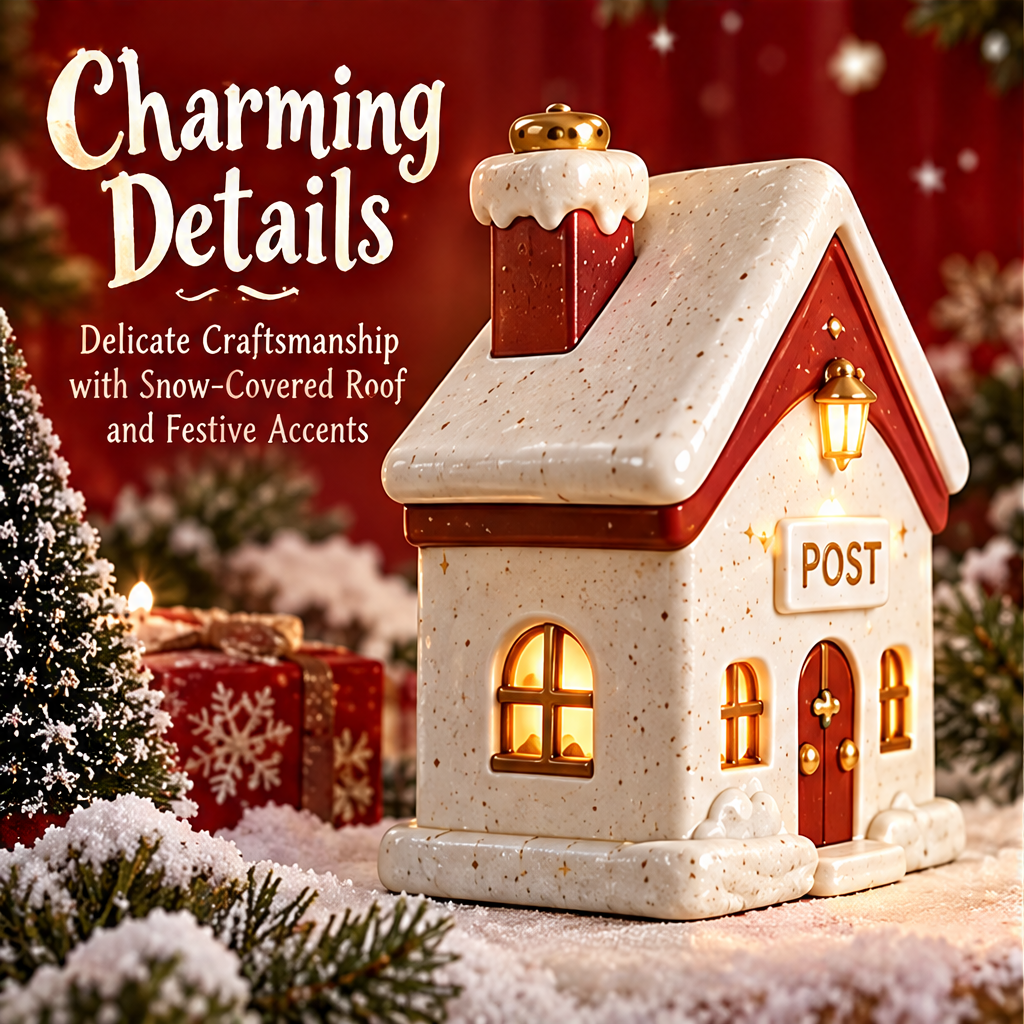 Opposite-side view of the Christmas post house showing a glowing arched window, speckled cream surface and snow-inspired roof.