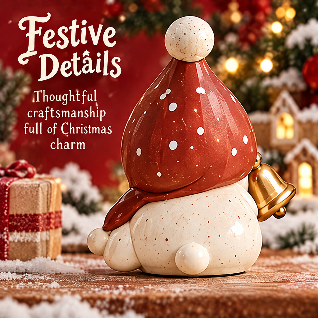Rear view of the Christmas figurine showing the red dotted hat, scarf detail and rounded speckled cream body.