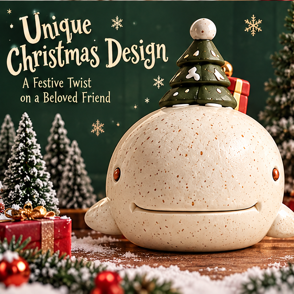 Front view of the cream speckled whale decoration showing its curved smile, rounded fins and Christmas tree detail.