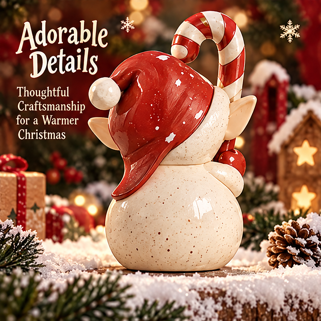 Rear view of the candy cane elf figurine showing the draped red hat, speckled cream body and curved striped cane.