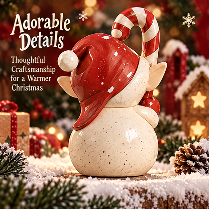 Rear view of the candy cane elf figurine showing the draped red hat, speckled cream body and curved striped cane.