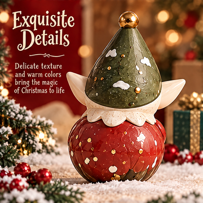 Rear view of the elf figurine showing a green pointed hat, scalloped cream collar and rounded red outfit with white and gold-tone accents.