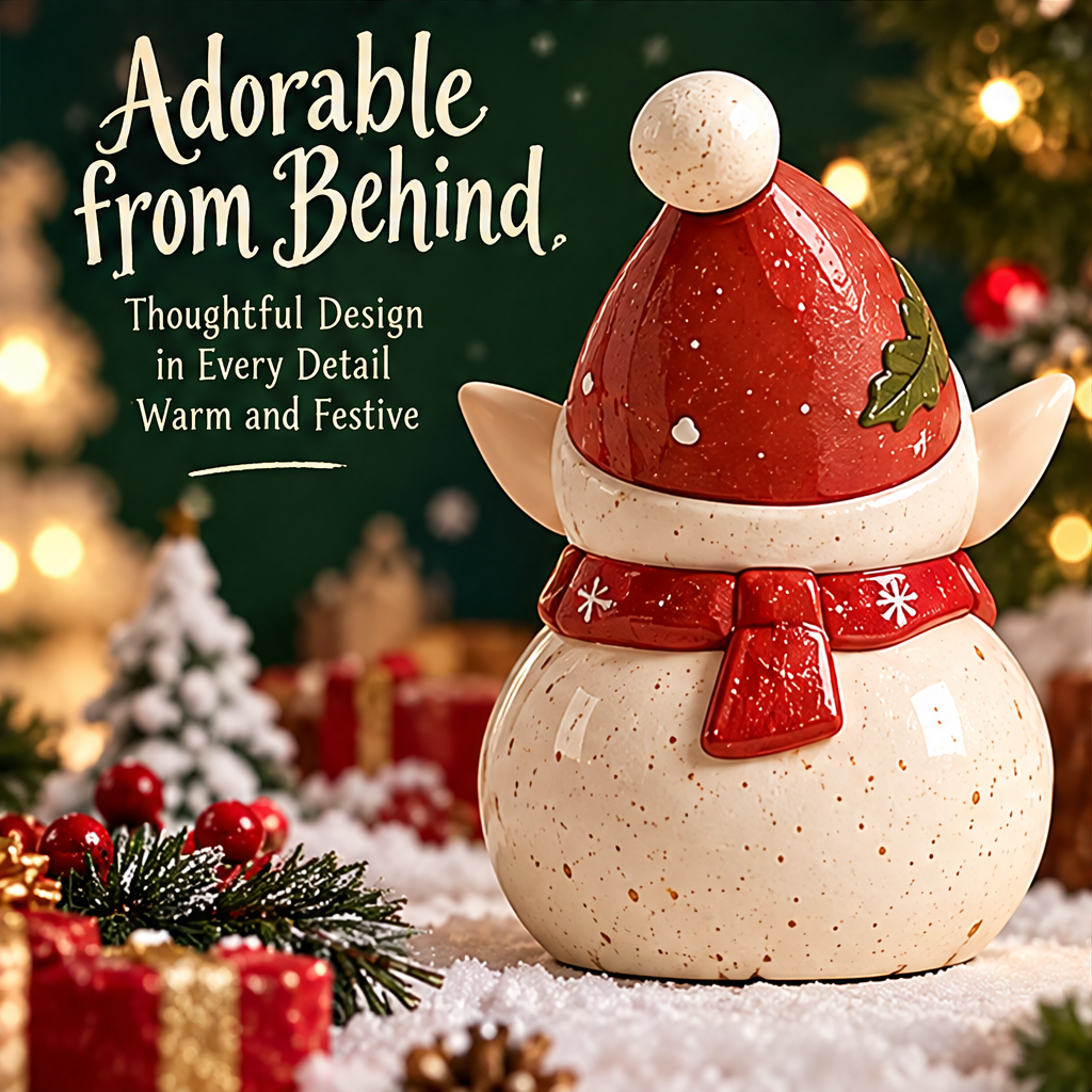 Rear view of the Christmas elf showing its red hat with green leaf detail and red scarf with white snowflake motifs.