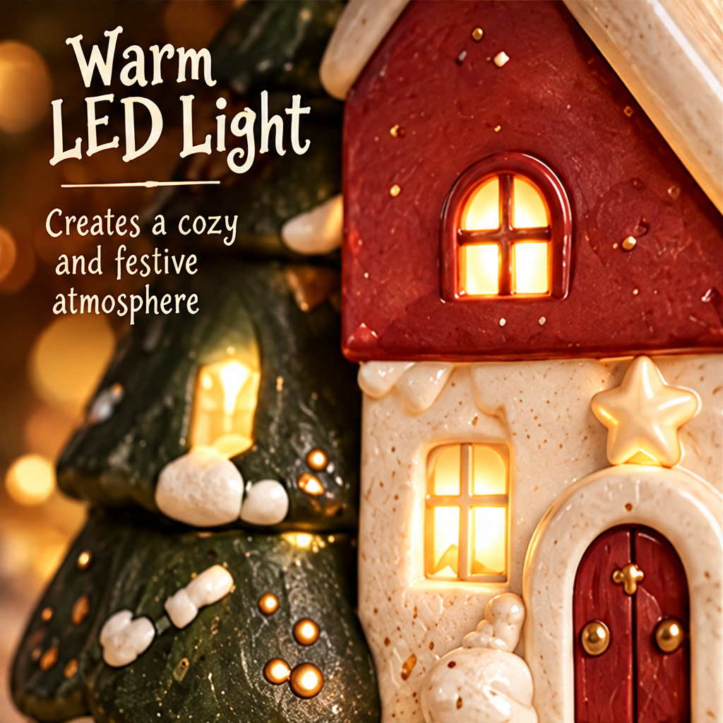 Close-up of warm LED light in the house and tree windows, with a red doorway and snow-like details.