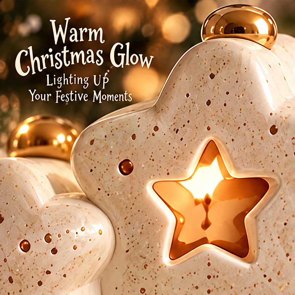 Cream and green Christmas star train decoration displayed on a red festive textile beside gifts and seasonal ornaments.
