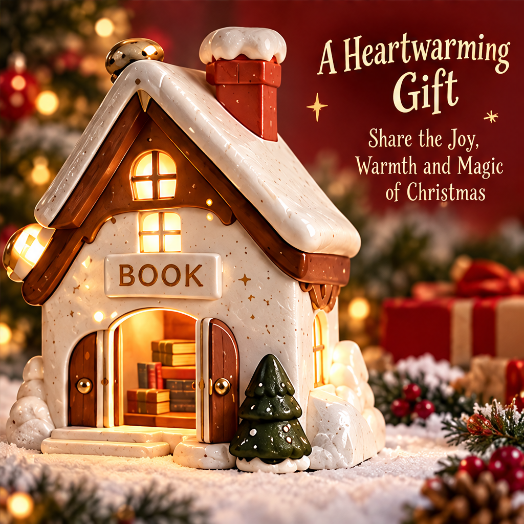 Promotional Christmas bookshop image depicting an open doorway with miniature books, a green tree and warm light.