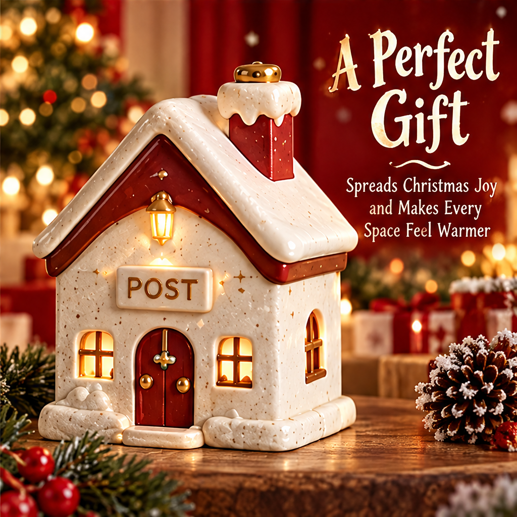 Light-up Christmas post house styled on a tabletop beside snowy pine cones, greenery and wrapped gifts.