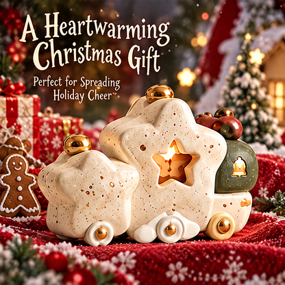 Close-up of the warm illuminated star opening, speckled cream surface and gold-tone topper on the Christmas train decoration.