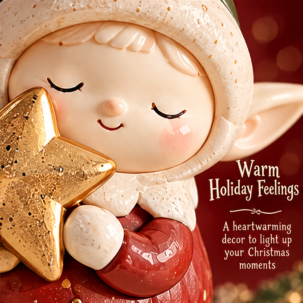 Close-up of the Christmas elf's smiling face, rosy cheek, cream mitten and textured gold-tone star.