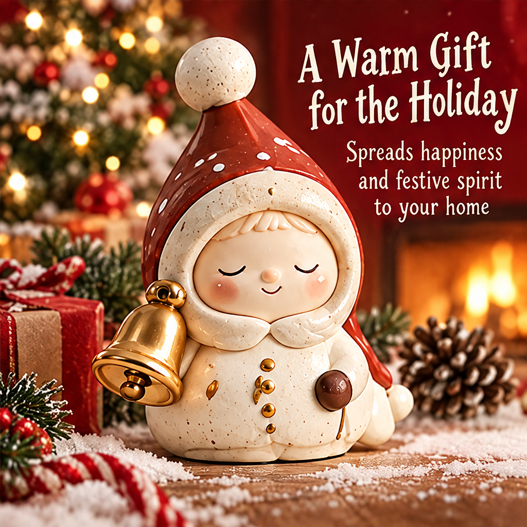 Christmas figurine with a gold-tone bell displayed beside pine cones, wrapped gifts and holiday greenery.