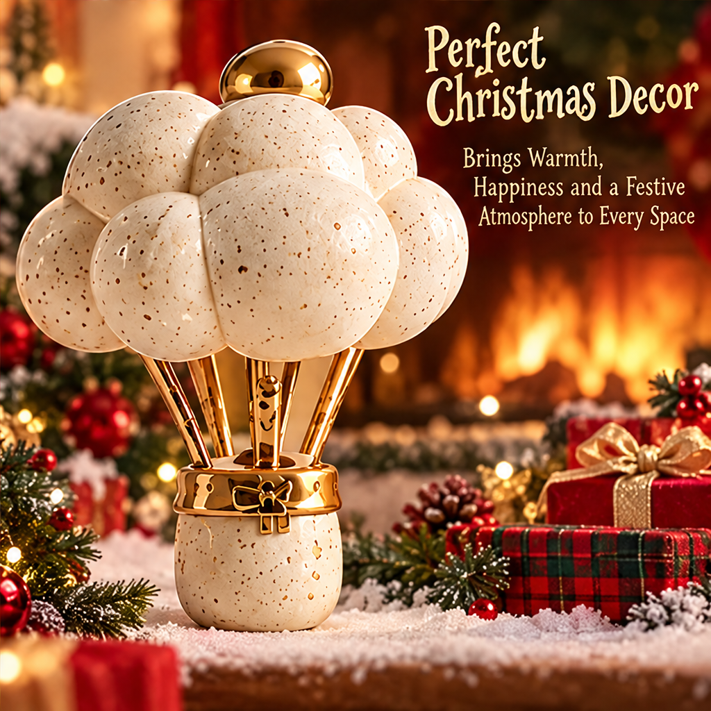 Hot air balloon decoration lying on its side to show the speckled ceramic finish, gold-tone supports, bow detail and underside of the base.