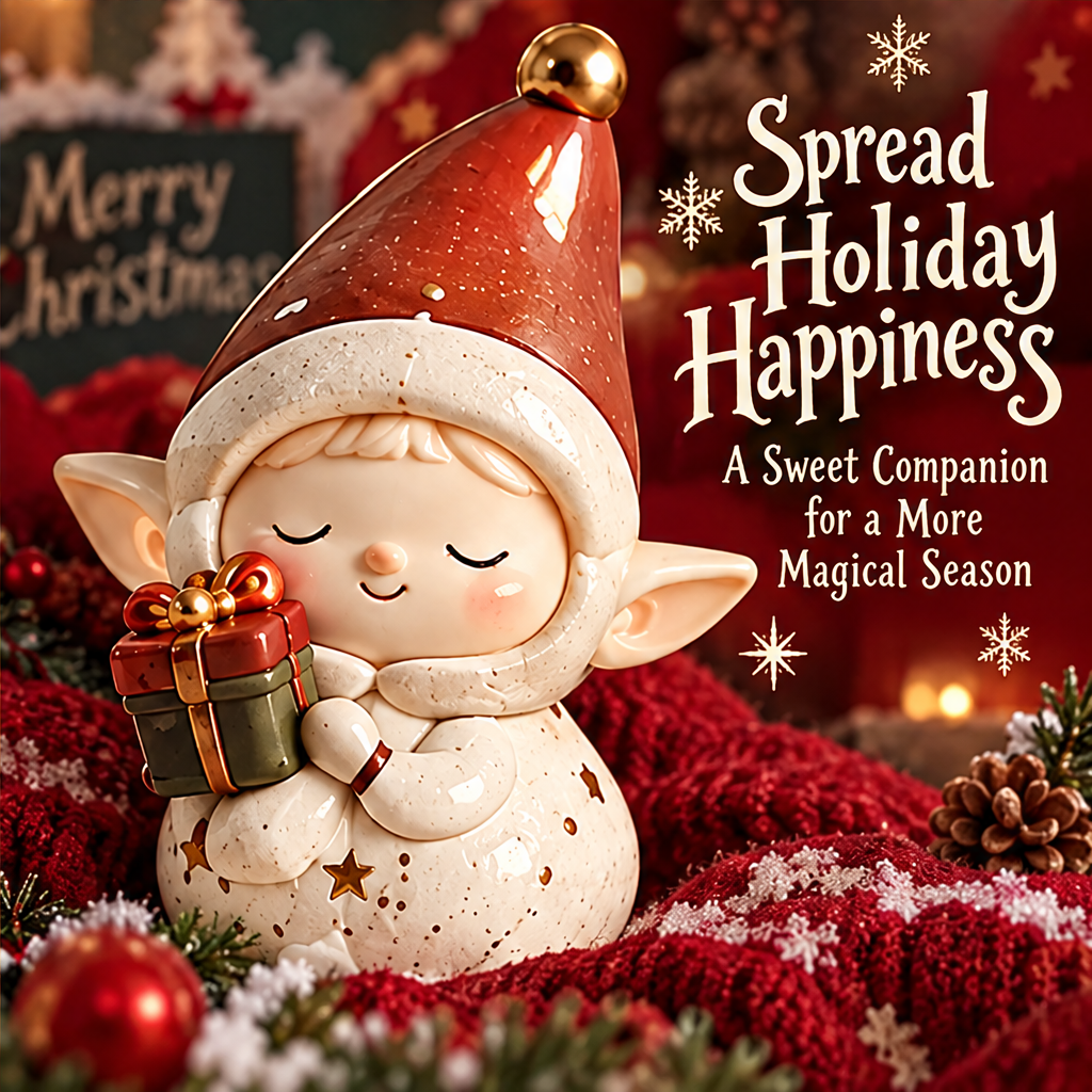 Christmas elf figurine with a red hat and green gift styled among red knitted textiles, pine cones and holiday greenery.