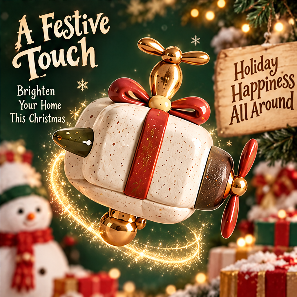 Promotional Christmas image of the gift helicopter decoration against a green backdrop with a digitally added sparkling trail.