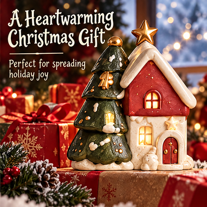Christmas tree and house decoration styled among wrapped presents and festive greenery beside a snowy window backdrop.